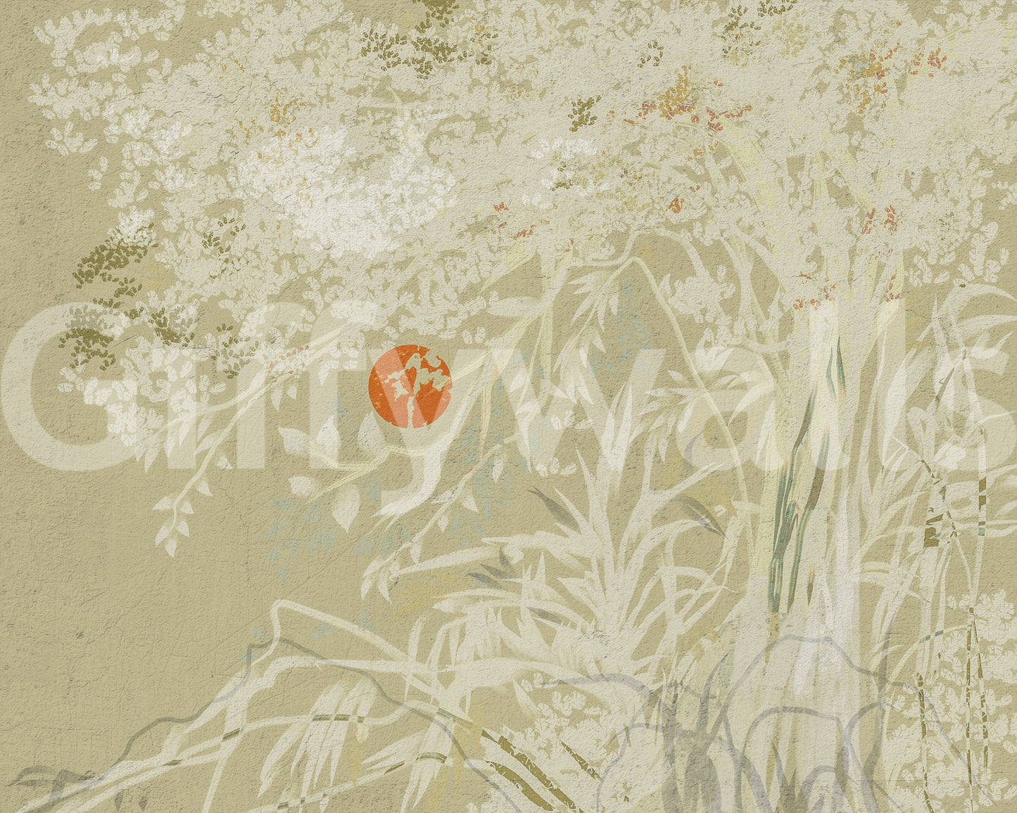 Textured white wall mural with red sun and botanical leaf patterns.