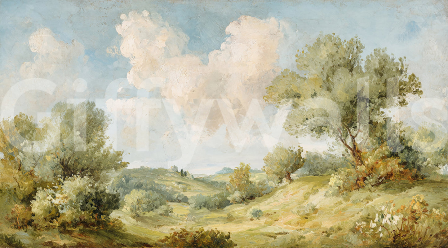 Vintage style painted landscape wall mural with hills clouds and trees., GD10024