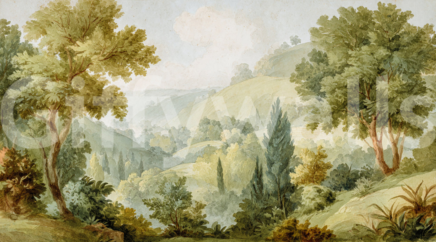 Valley Vista wall mural with sage green and olive painted landscape.