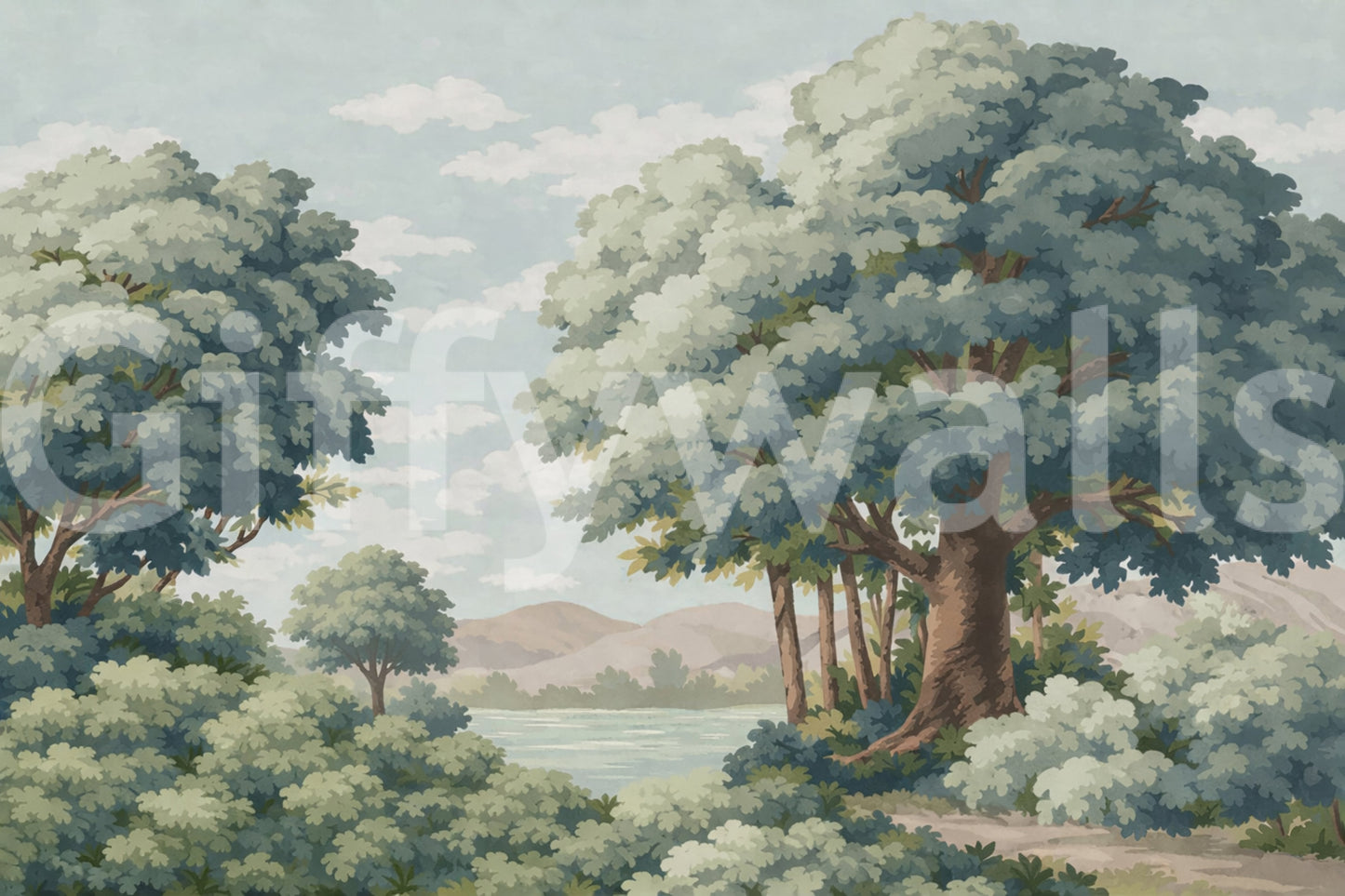 Verdant Horizon Lake Wall Mural showing serene nature view.