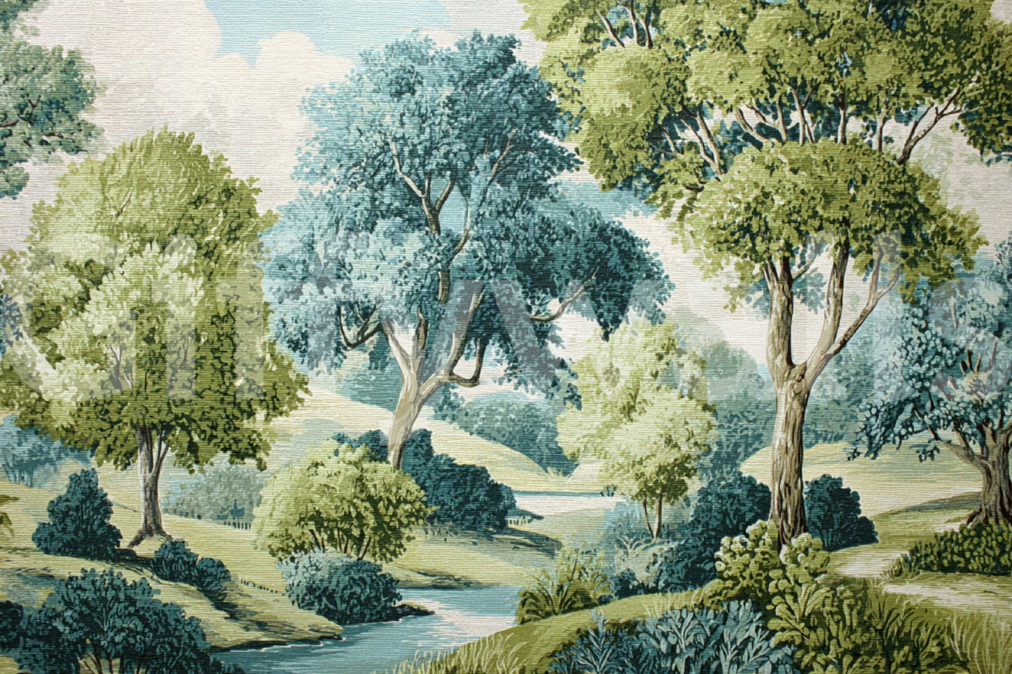 Tranquil woodland river vista wall mural base with green trees.