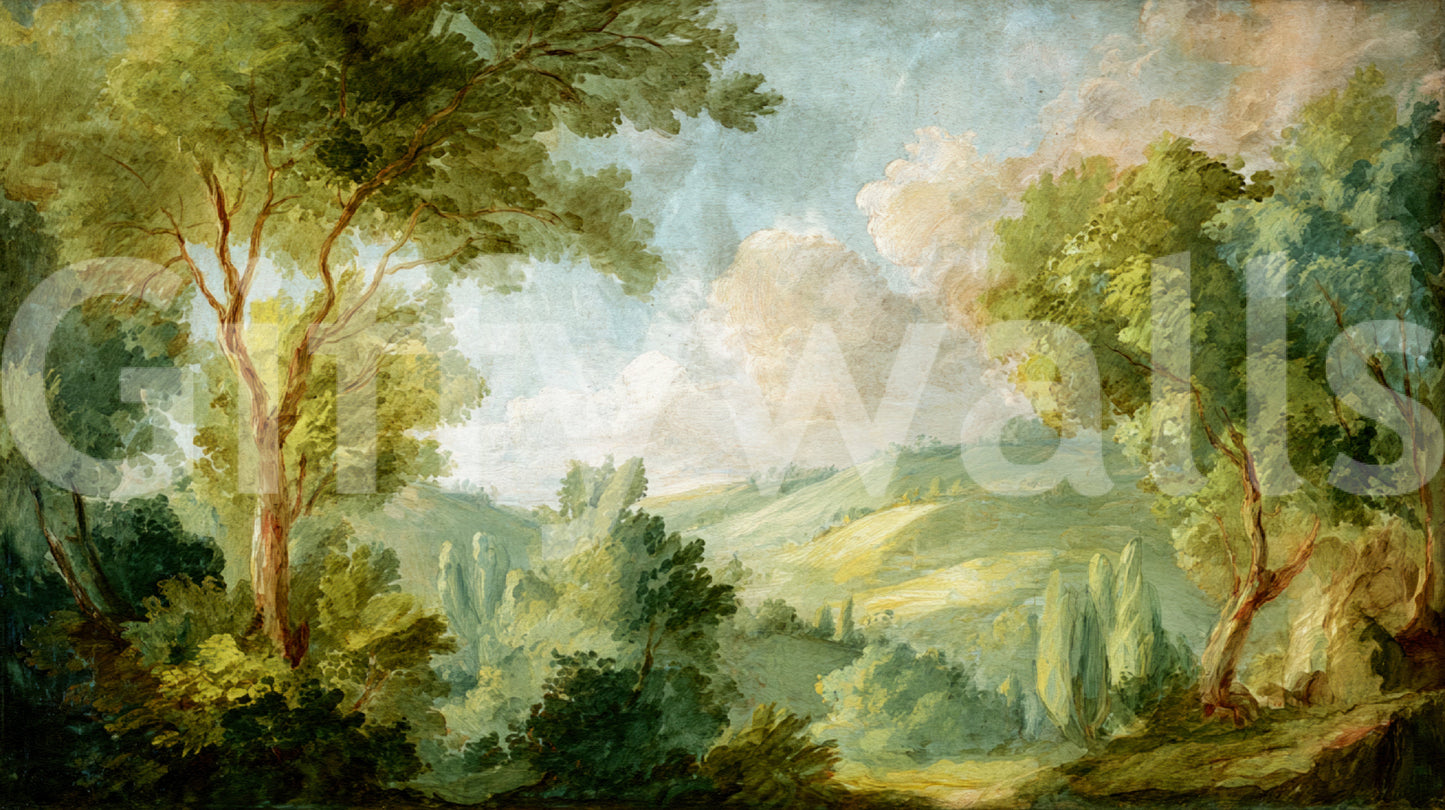 Green landscape dream wall mural with painted trees and mountains.