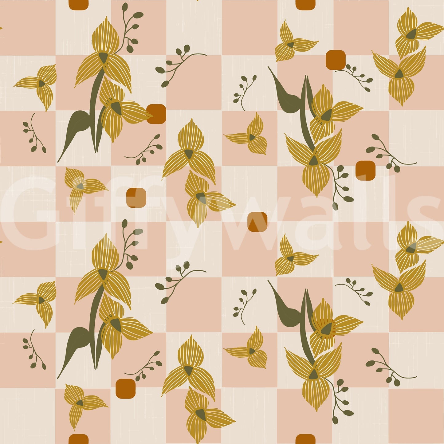Pink and cream check wallpaper layered with ochre florals and small green leaves.