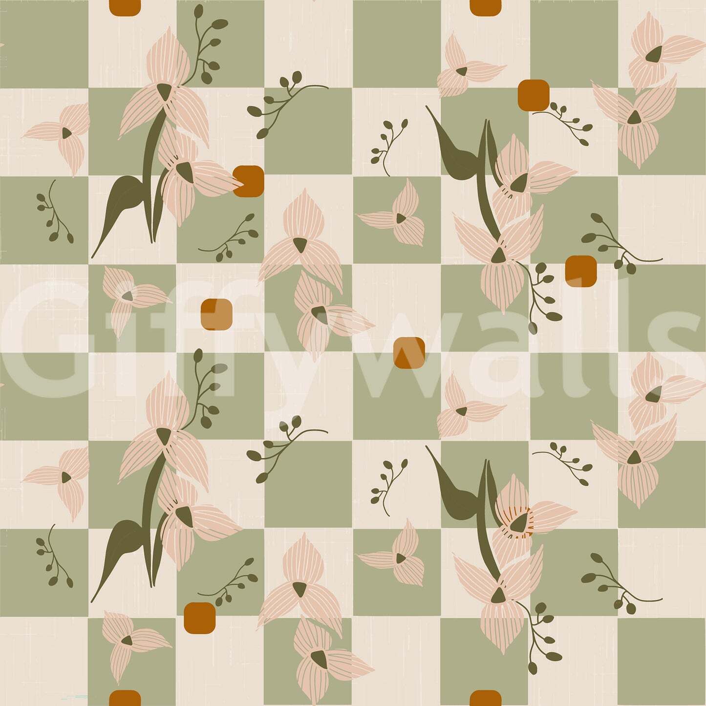Sage Checker Floral Wallpaper Retro Boho Wallpaper