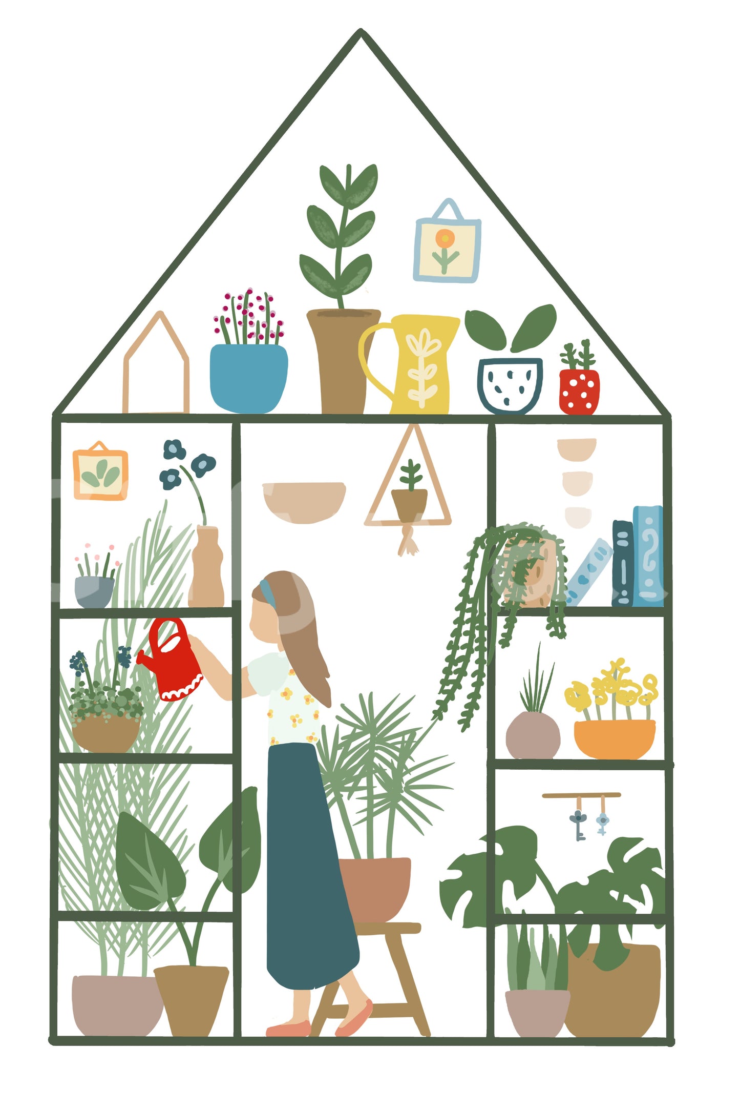 Indoor garden wall mural sample with a girl watering plants inside a house-shaped greenhouse frame.