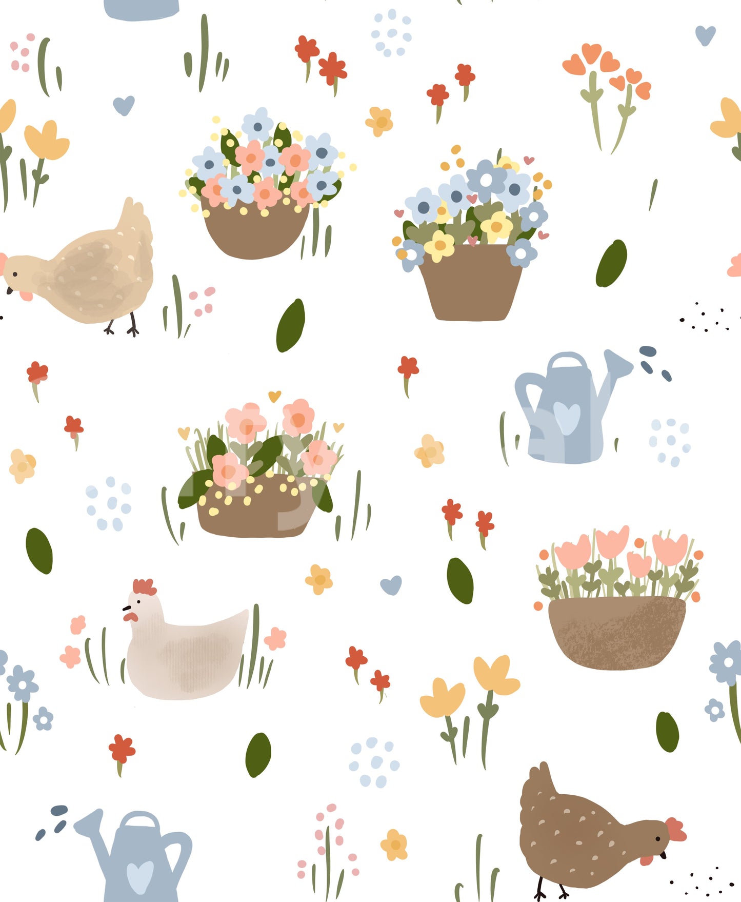 Farmhouse wallpaper sample showing hens, flower baskets, and tulips in soft tones., GD10059
