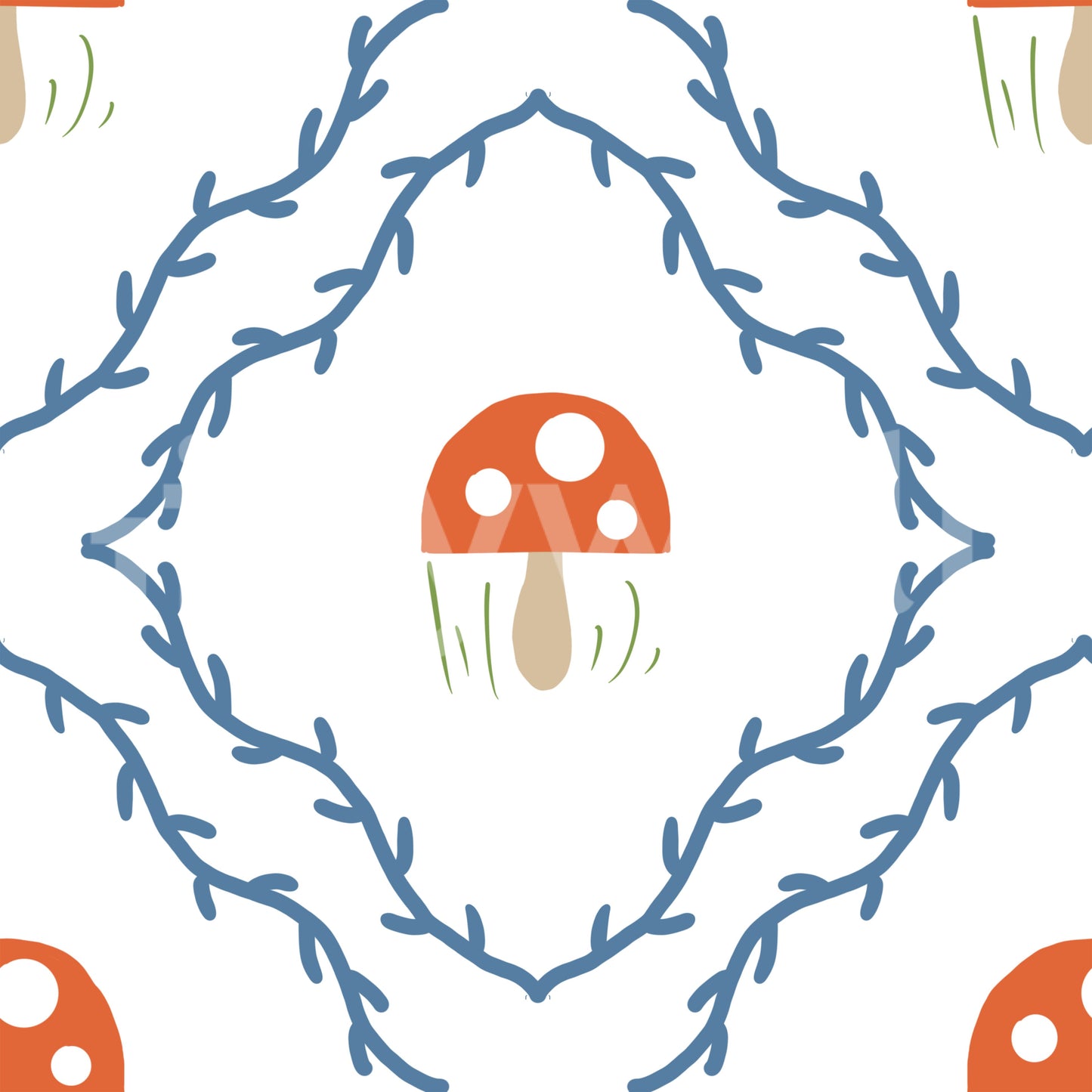 Repeat pattern detail of mushroom and vine wallpaper in blue, red, beige and white