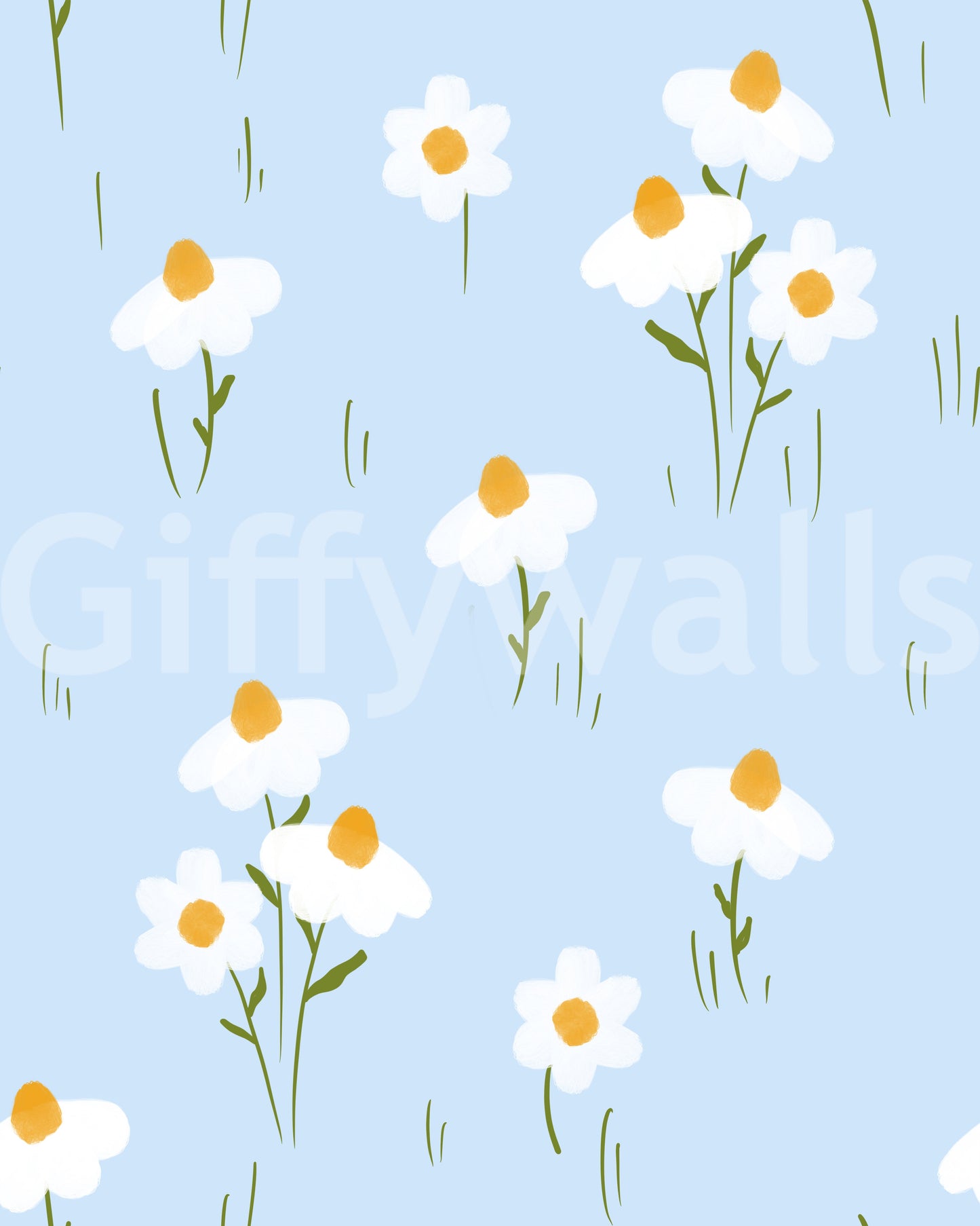 Pale blue daisy wallpaper showing watercolor floral repeat pattern.