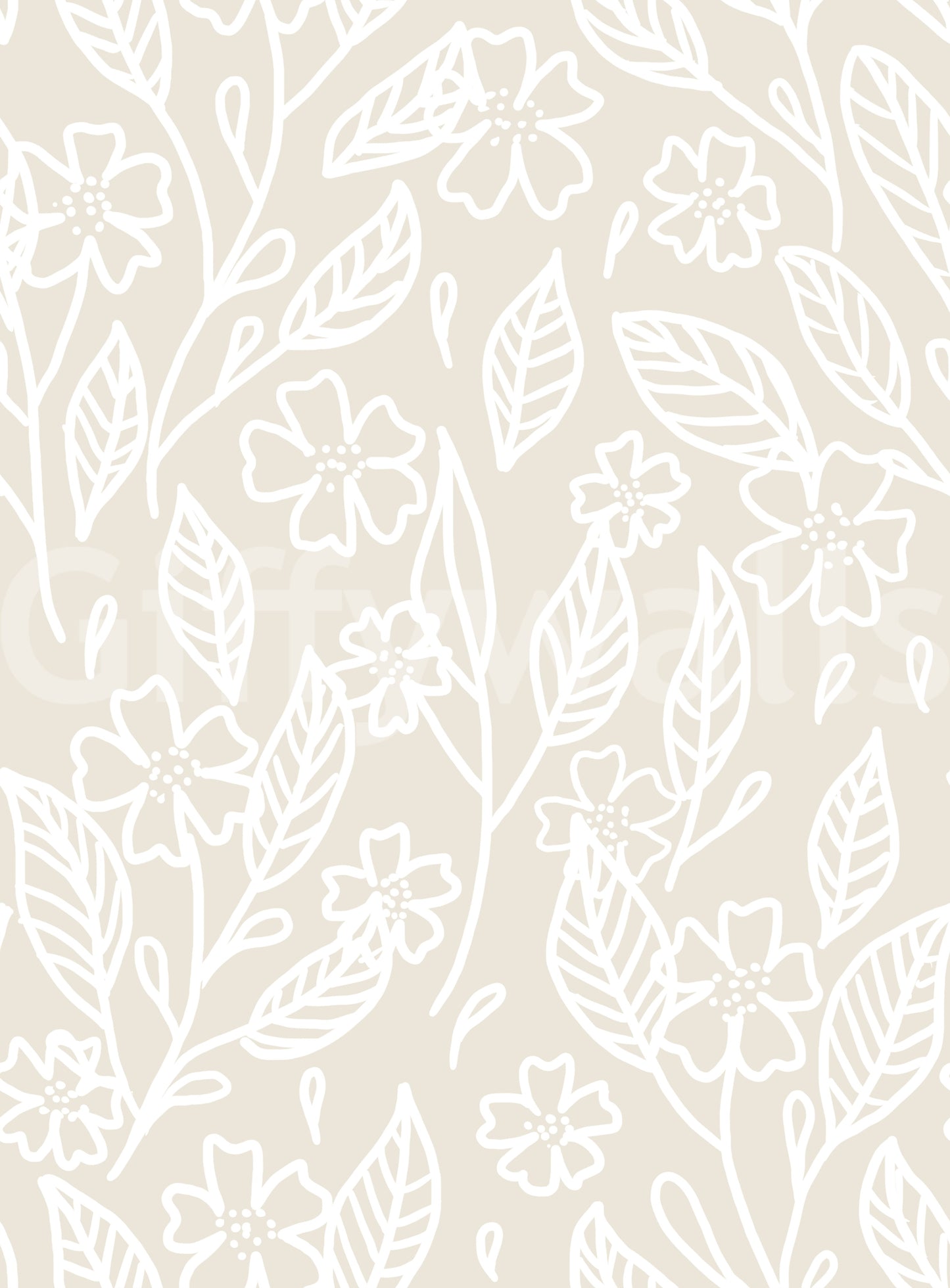 Beige background with white botanical line art flowers and leaves base wallpaper.