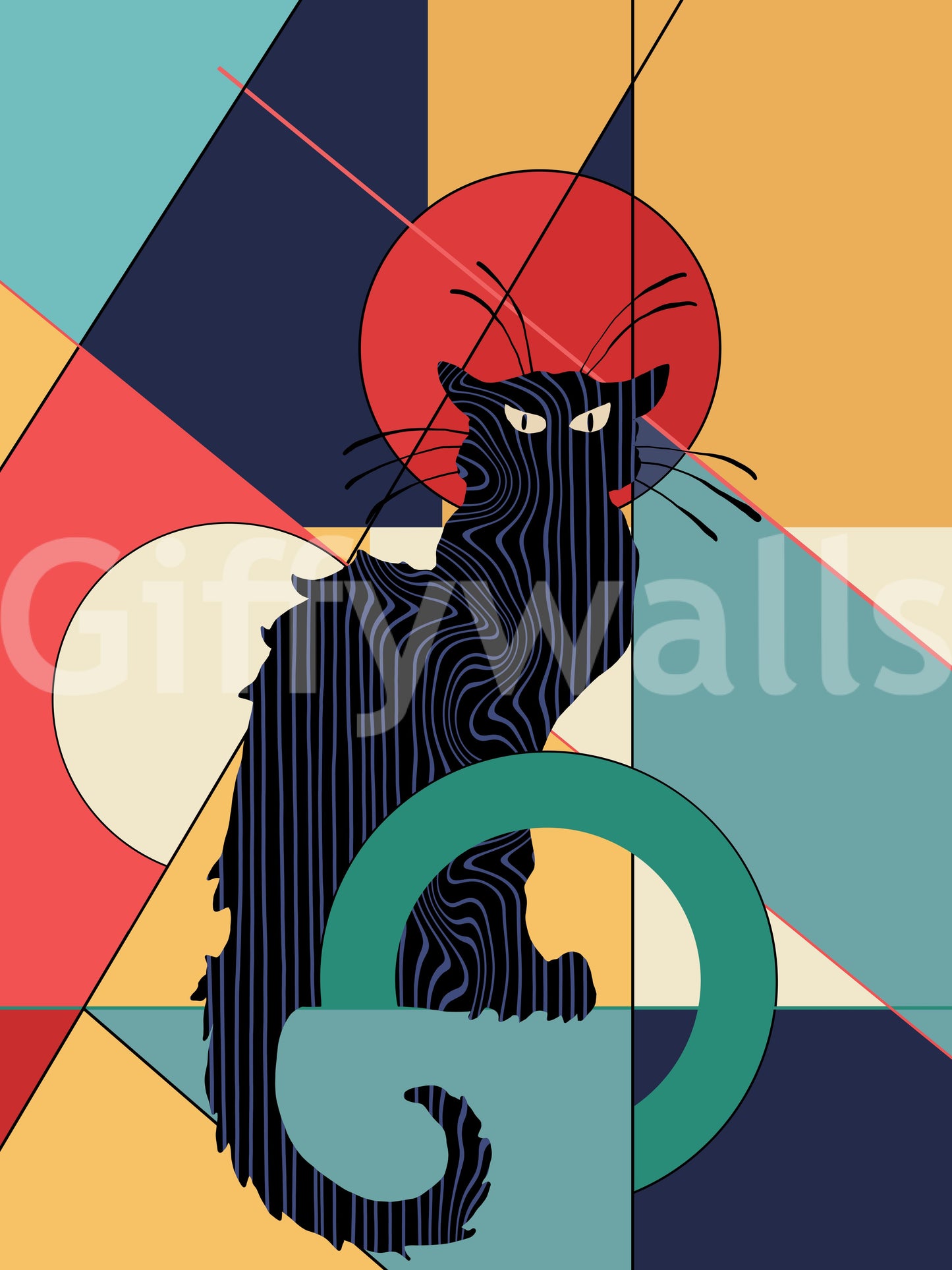 Black cat wall mural with Art Deco geometric background in teal navy coral and orange.