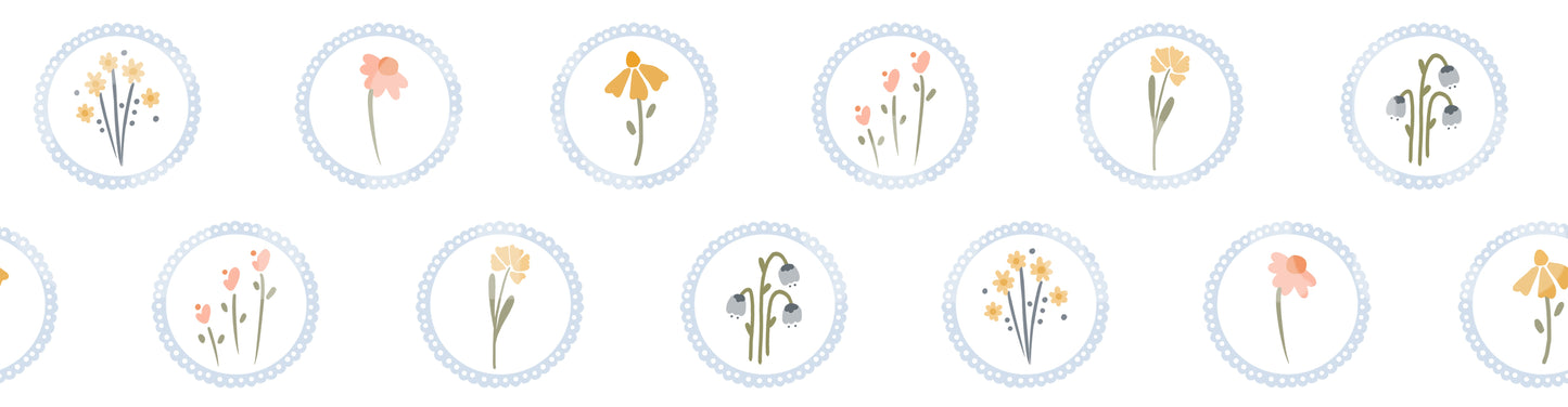 Country cottage wildflower medallion wallpaper with white base.