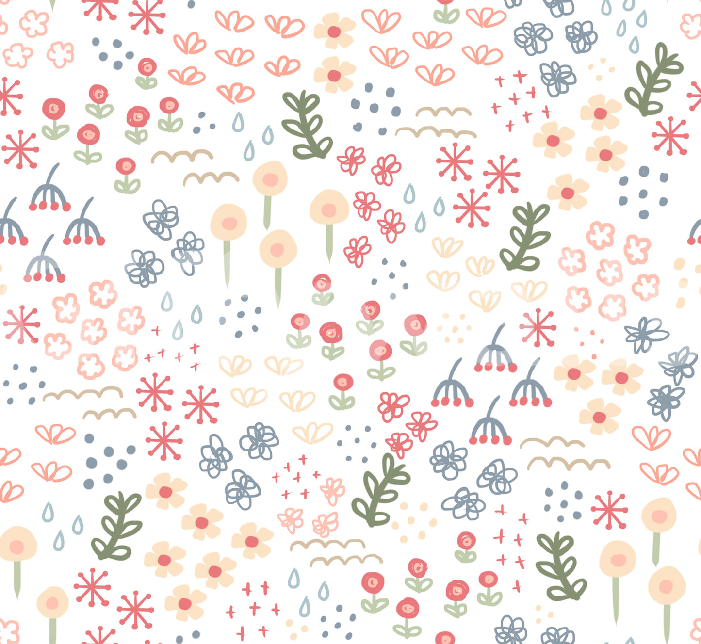 White doodle floral wallpaper with peach coral blue blooms.