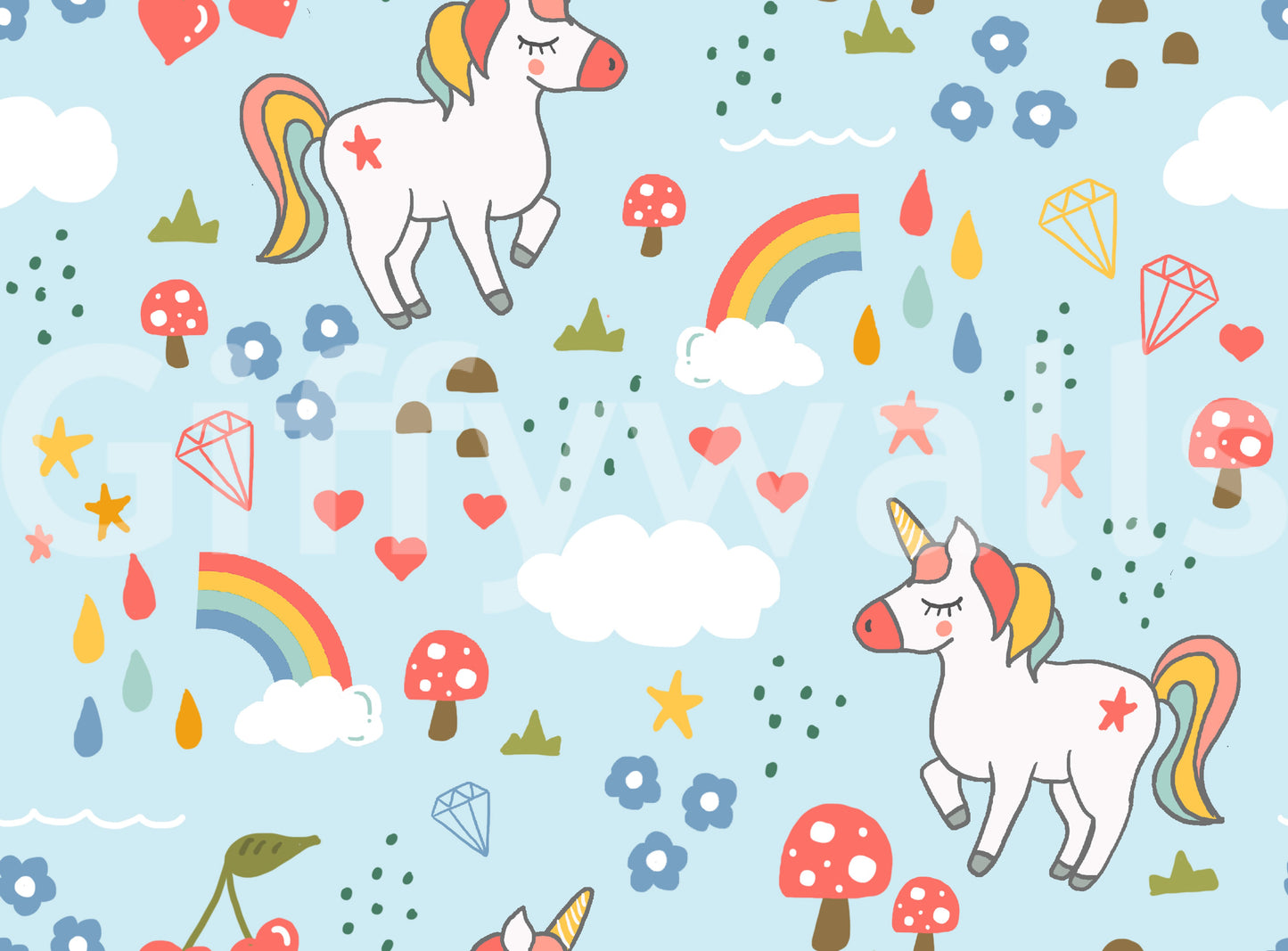 Whimsical Wallpaper with unicorns, rainbows, mushrooms and clouds on blue.