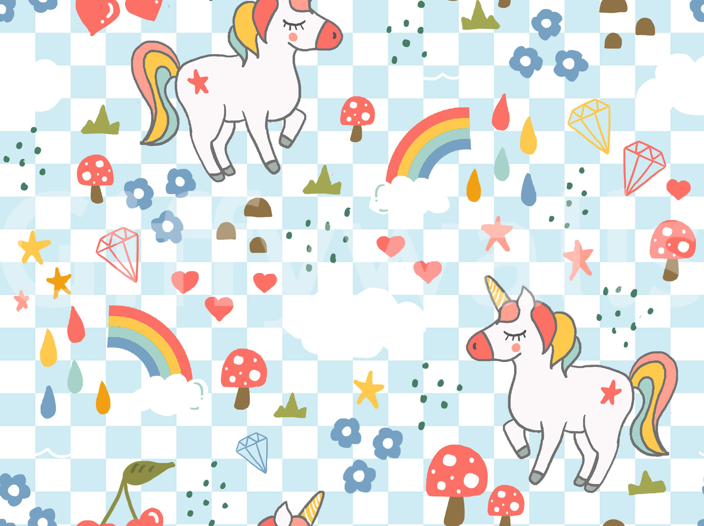 pastel unicorn chequered wallpaper showing colour and pattern repeat.