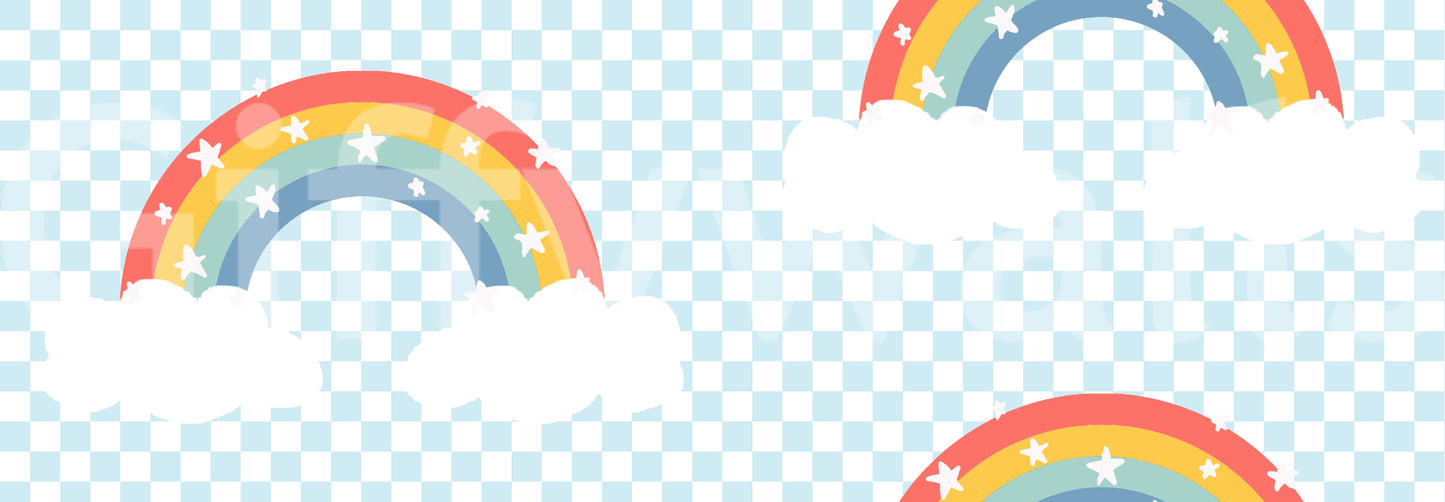 Pastel rainbow wallpaper swatch with stars and white clouds details.