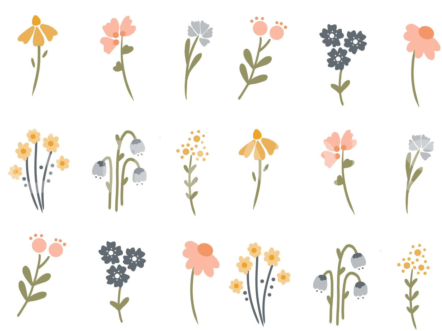 Wildflower wallpaper with mustard pink navy peach and slate painted blooms.
