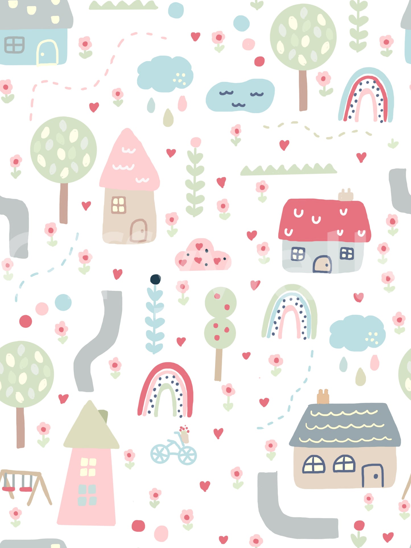 Village wallpaper swatch with pastel houses trees and rainbows.