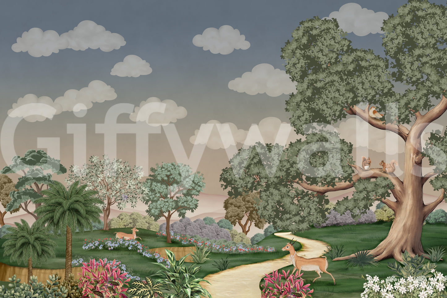 Enchanted Forest Path wall mural in green and grey tone with wildlife animals.