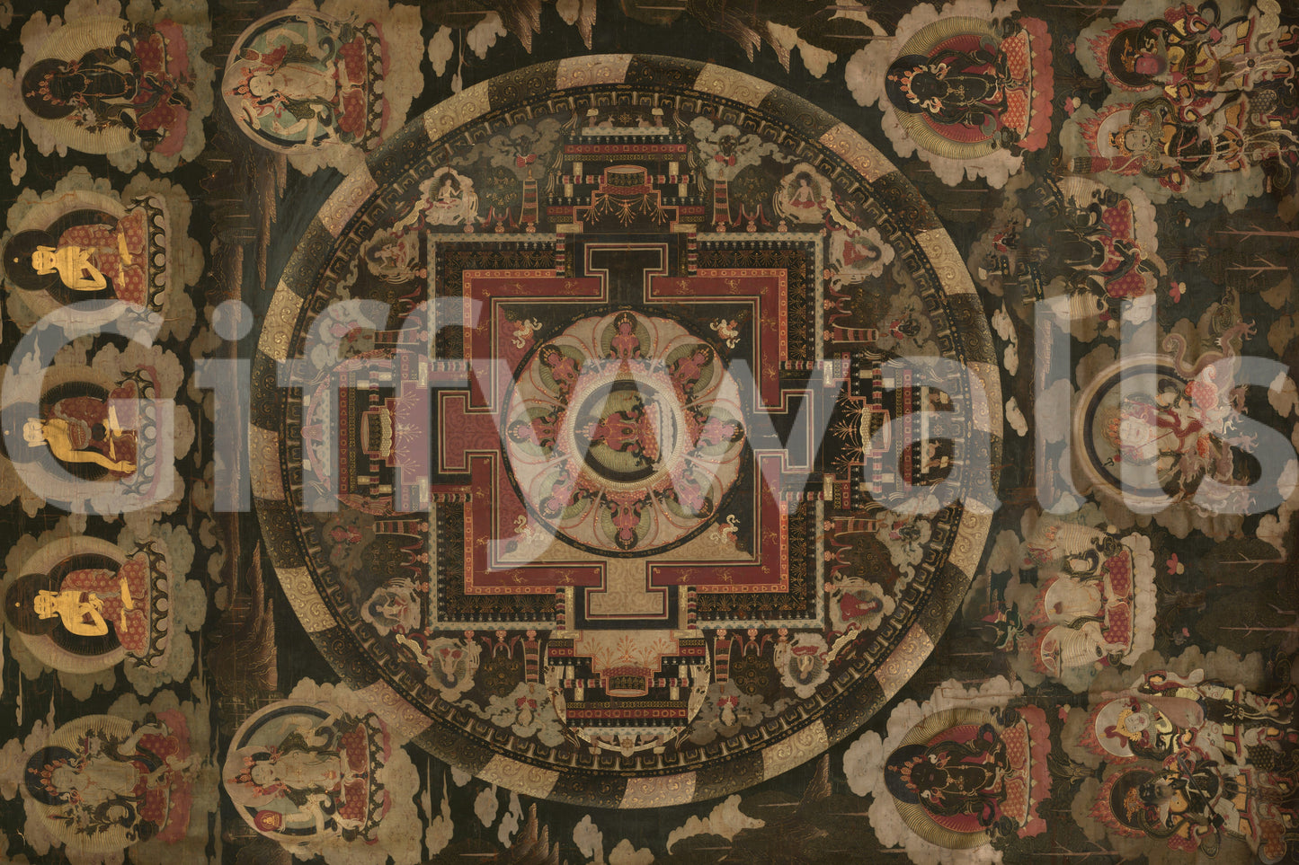 Geometric mandala wall mural highlighting dark historical artwork.