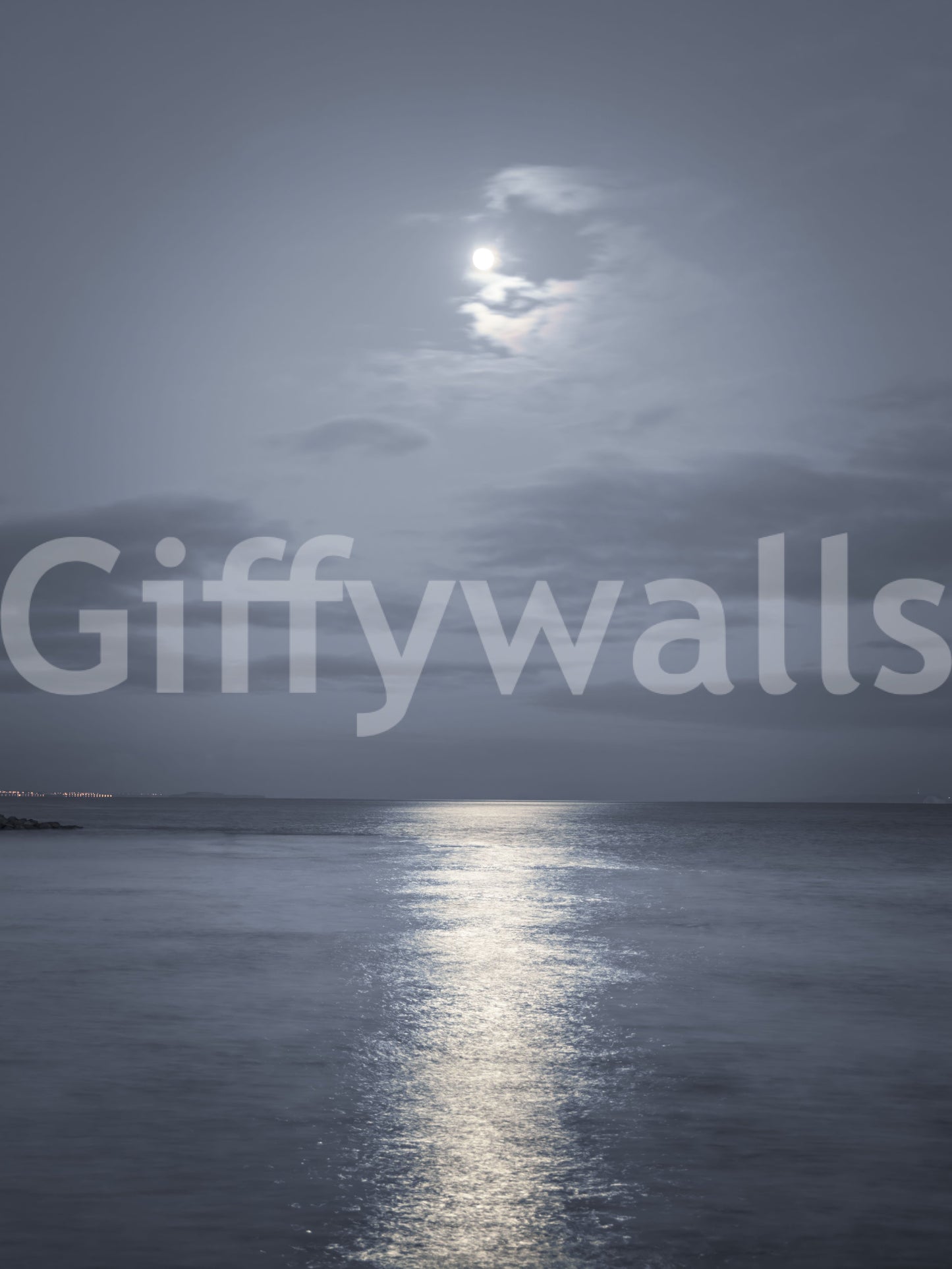 The moonlit ocean wall mural in Blue and grey colour tones.