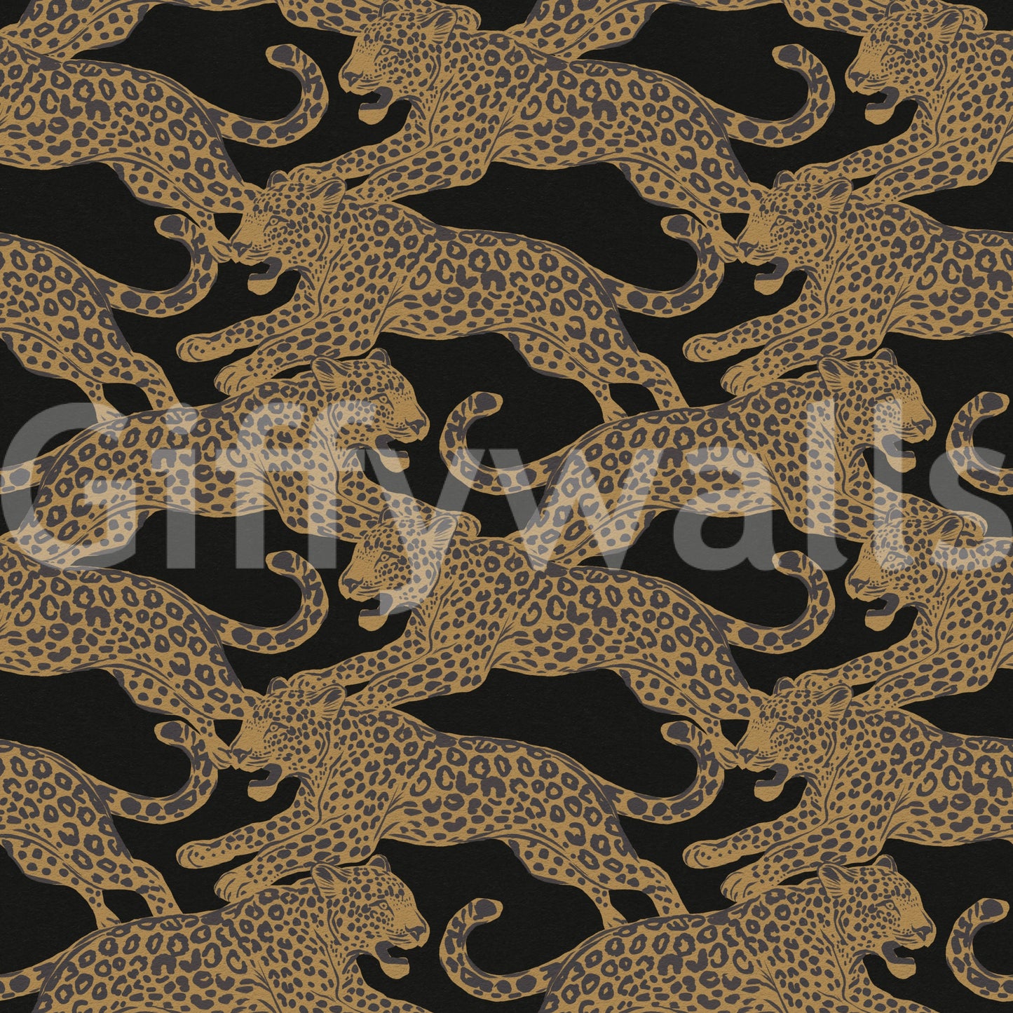 Prowling golden leopards pattern on a black background wallpaper., GD10164
