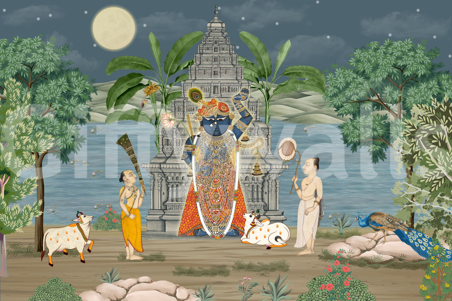 Moonlit Divine Realm wall mural with deep blue, green and grey temple., GD10168