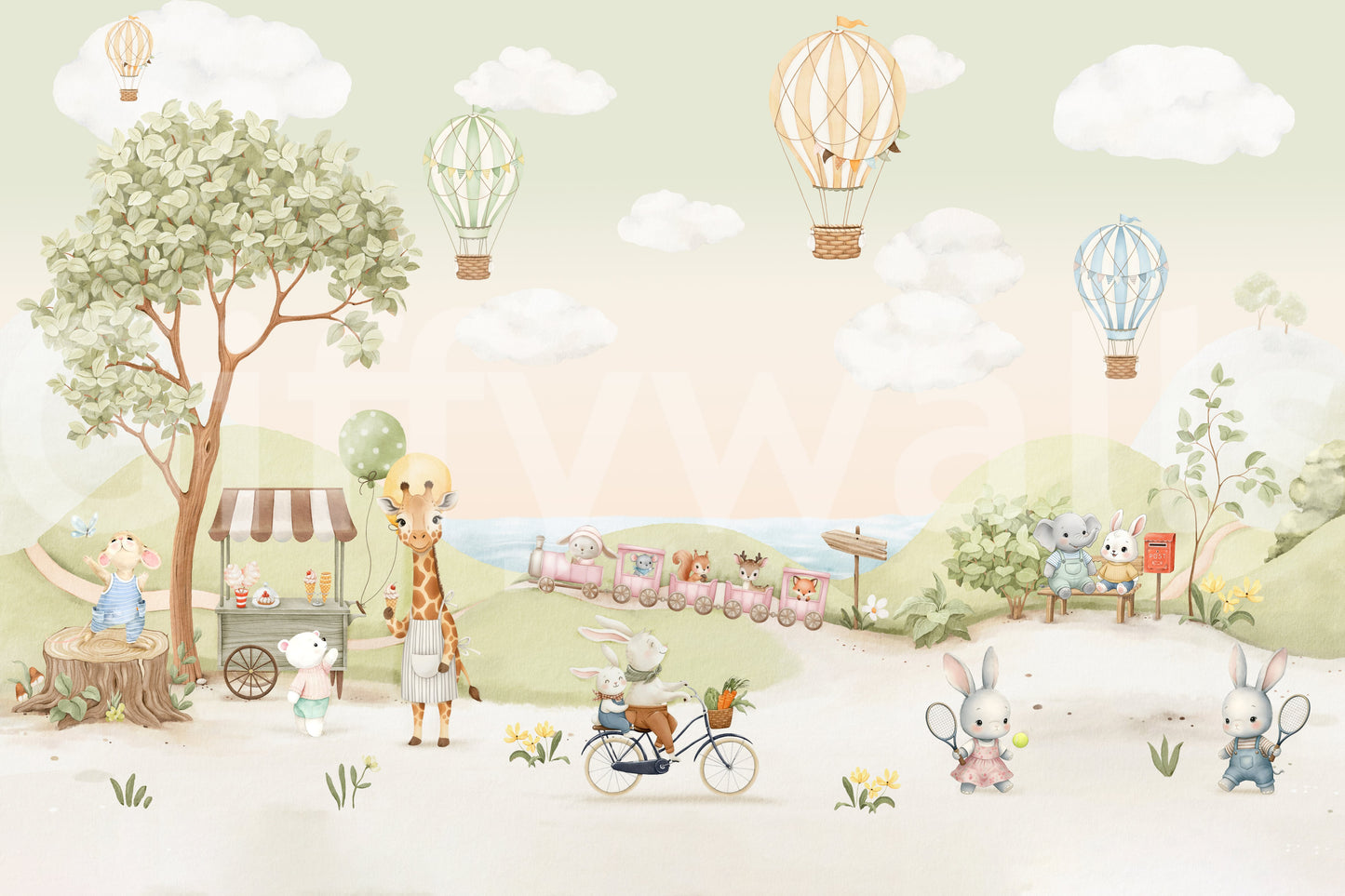 Watercolour kids animal wall mural in sage, peach, blue, and cream tones., GD10174