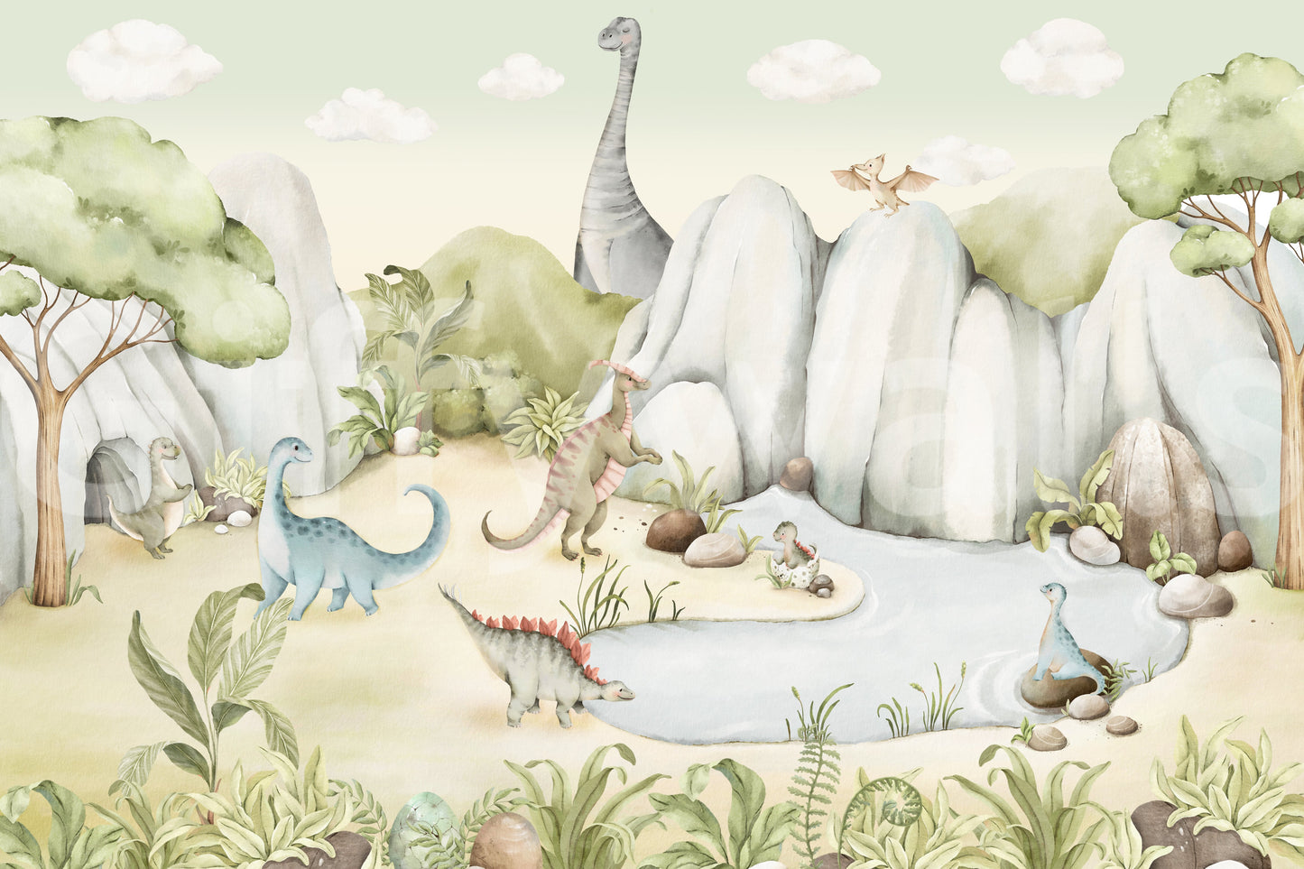 The watercolour dino world wall mural in mint and sand tones., GD10176