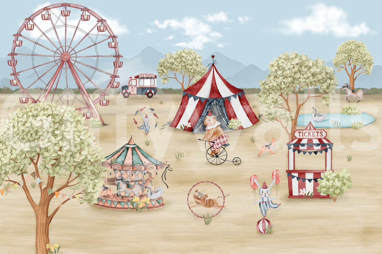 Fairground mural with a Ferris wheel, tent, and carousel detail., GD10181
