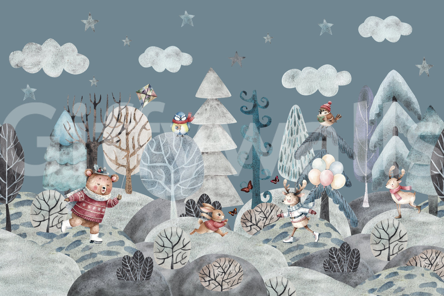 Frolicking Forest Friends wall mural with bear, bunny and birds., GD10183
