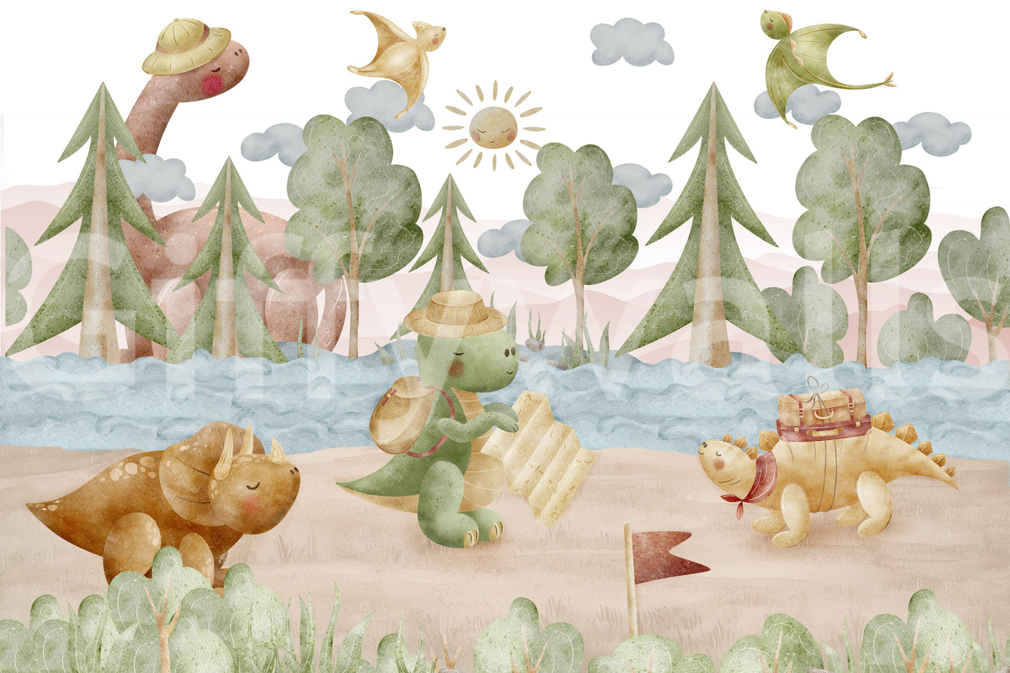 Watercolour dinosaur wall mural in soft sage and sand tones., GD10187