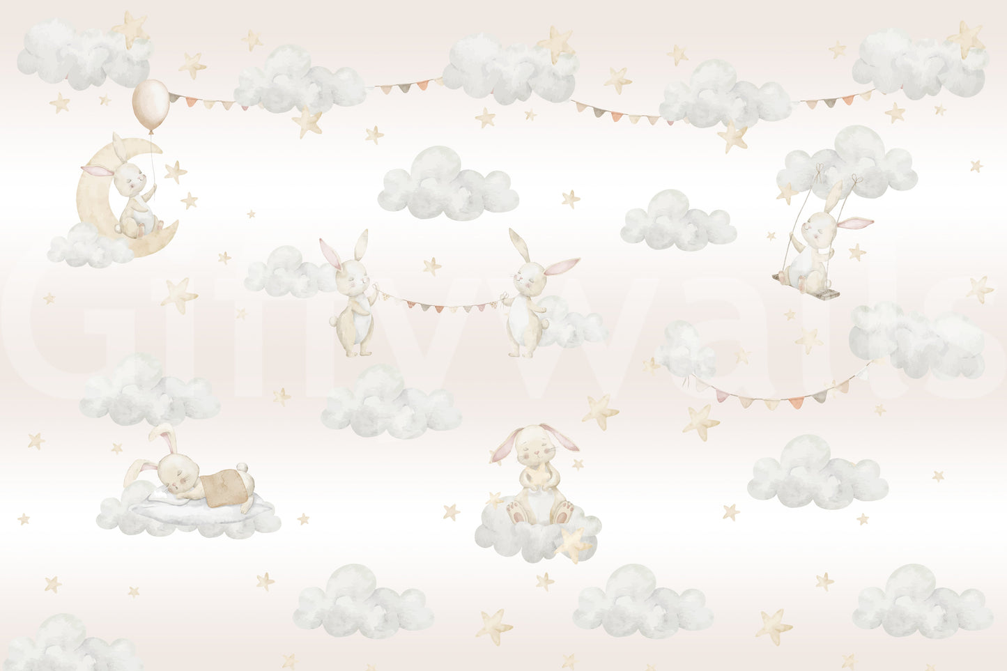 The dreamy bunny cloud mural with clouds, bunting and soft stars., GD10188