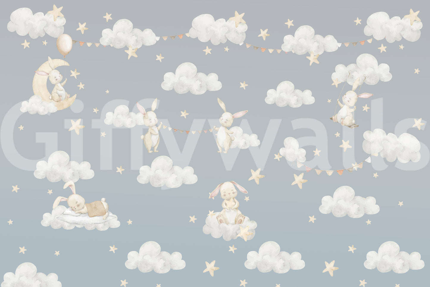 Dreamy Bunnies and Starry Clouds wall mural with watercolor sky scene., GD10189