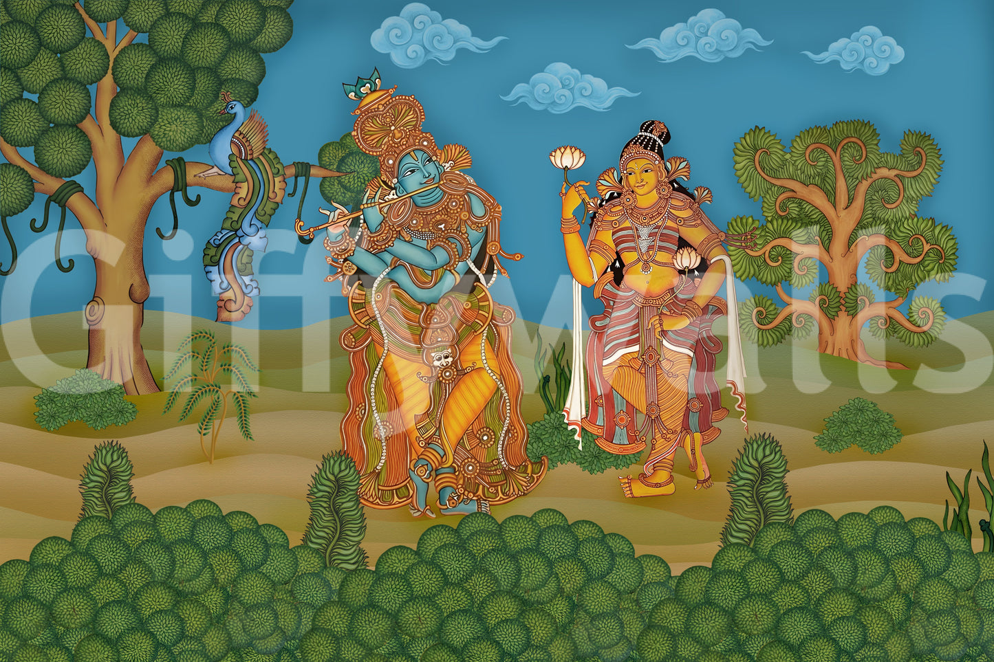 Divine Melody & Lotus Bloom Wall Mural with krishna playing flute., GD10195