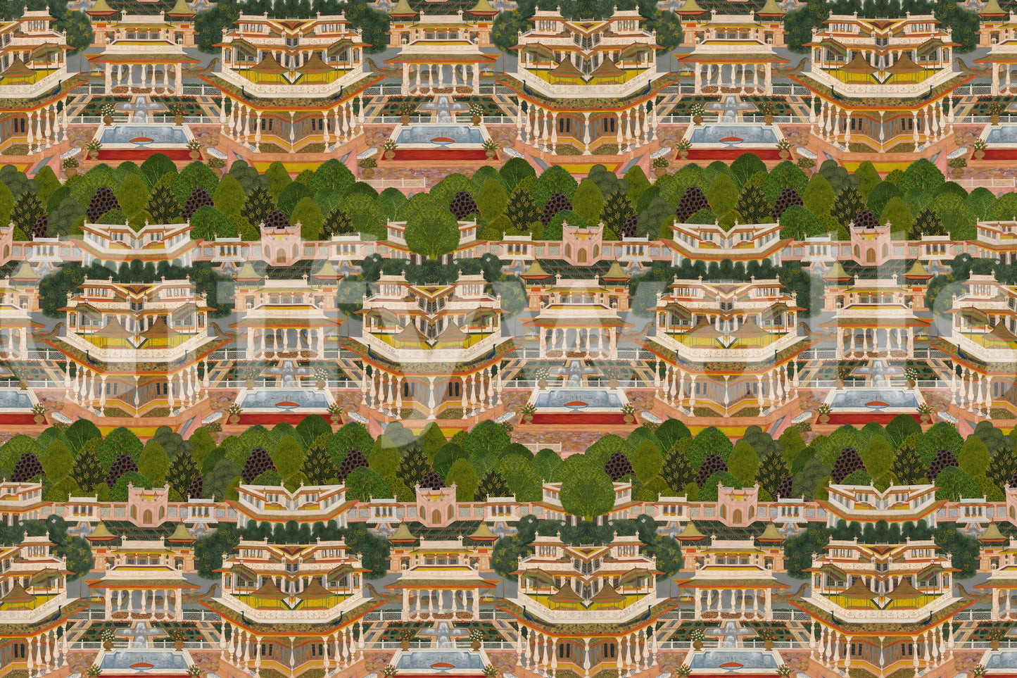 Royal garden wallpaper showing pink palaces, green orchards, and pale blue water pond., GD10208
