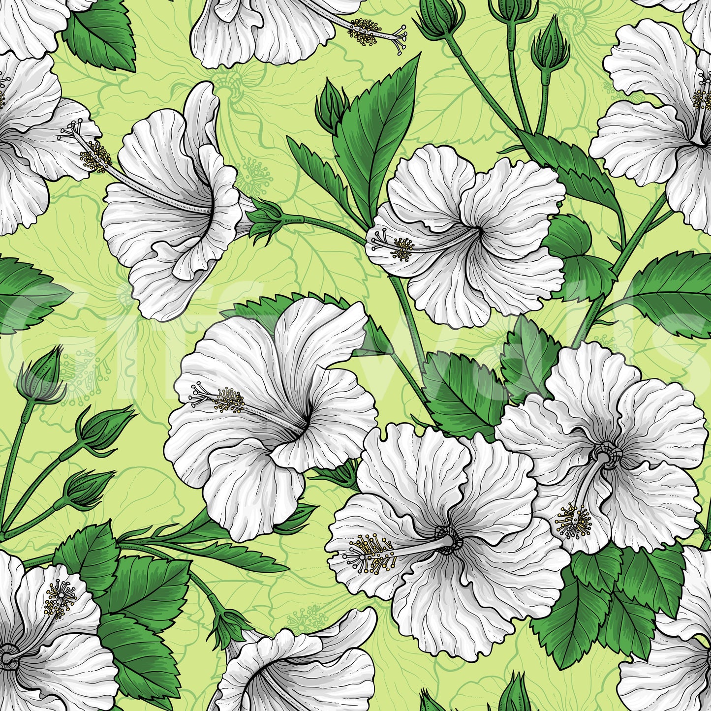 Vintage Hibiscus Botanical Floral Pattern Tropical Hawaiian Aloha Summer Garden Print Wallpaper