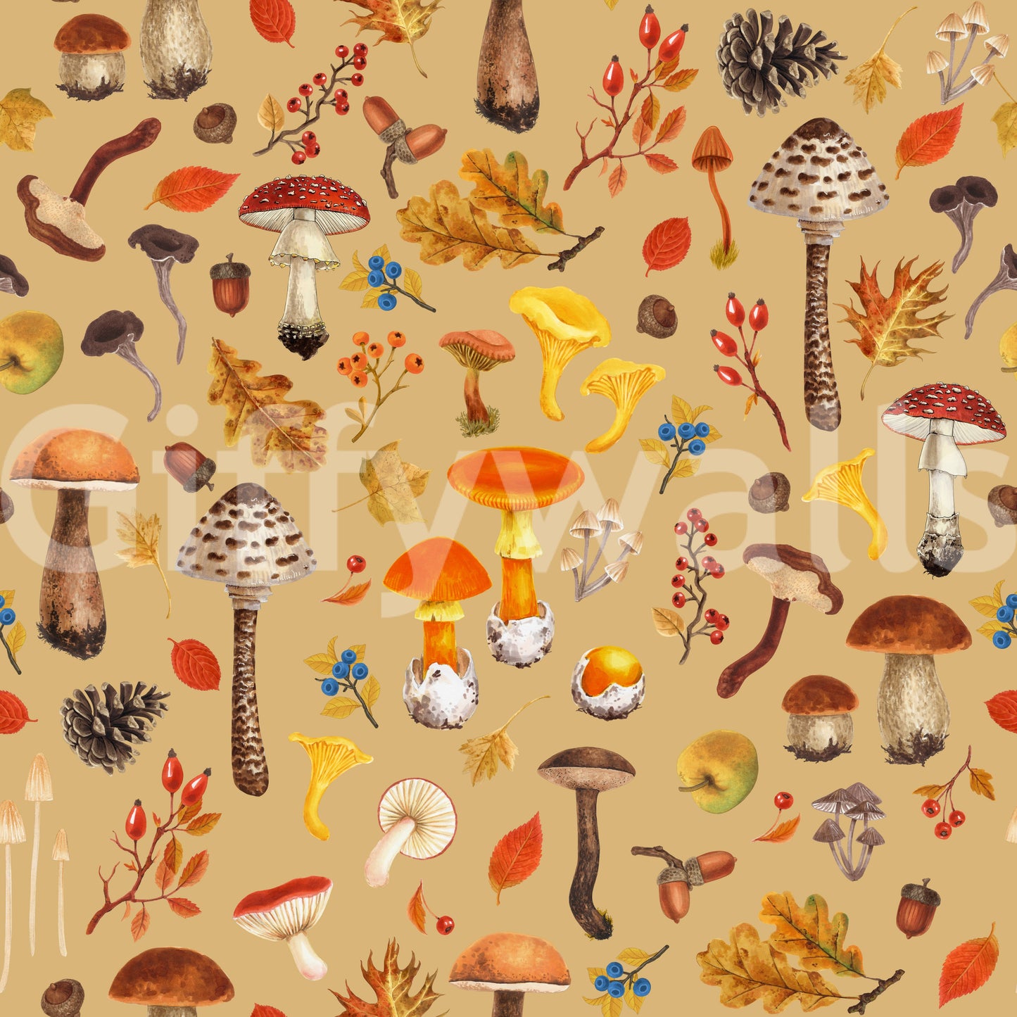 Wild mushrooms on ochre Wallpaper