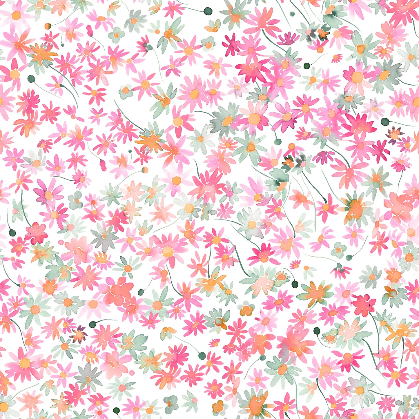 Watercolour daisy wallpaper with pink, coral, and peach blooms pattern., GD10217