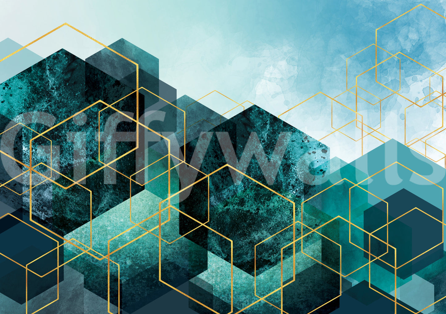 Contemporary gold pattern wall mural overlapping dark blue polygon shapes., GD10245