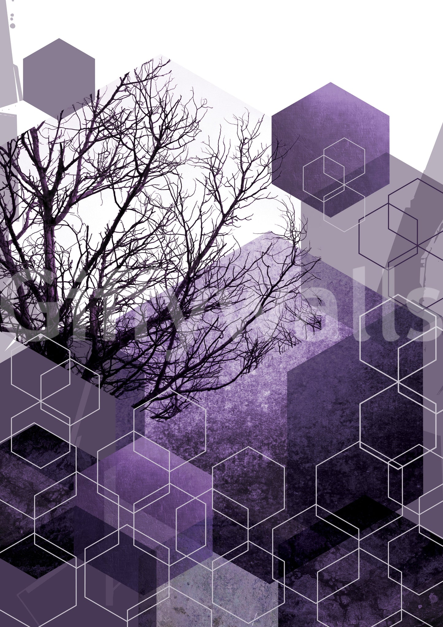 Deep violet and black geometry patterned wall mural with tree outlines., GD10247