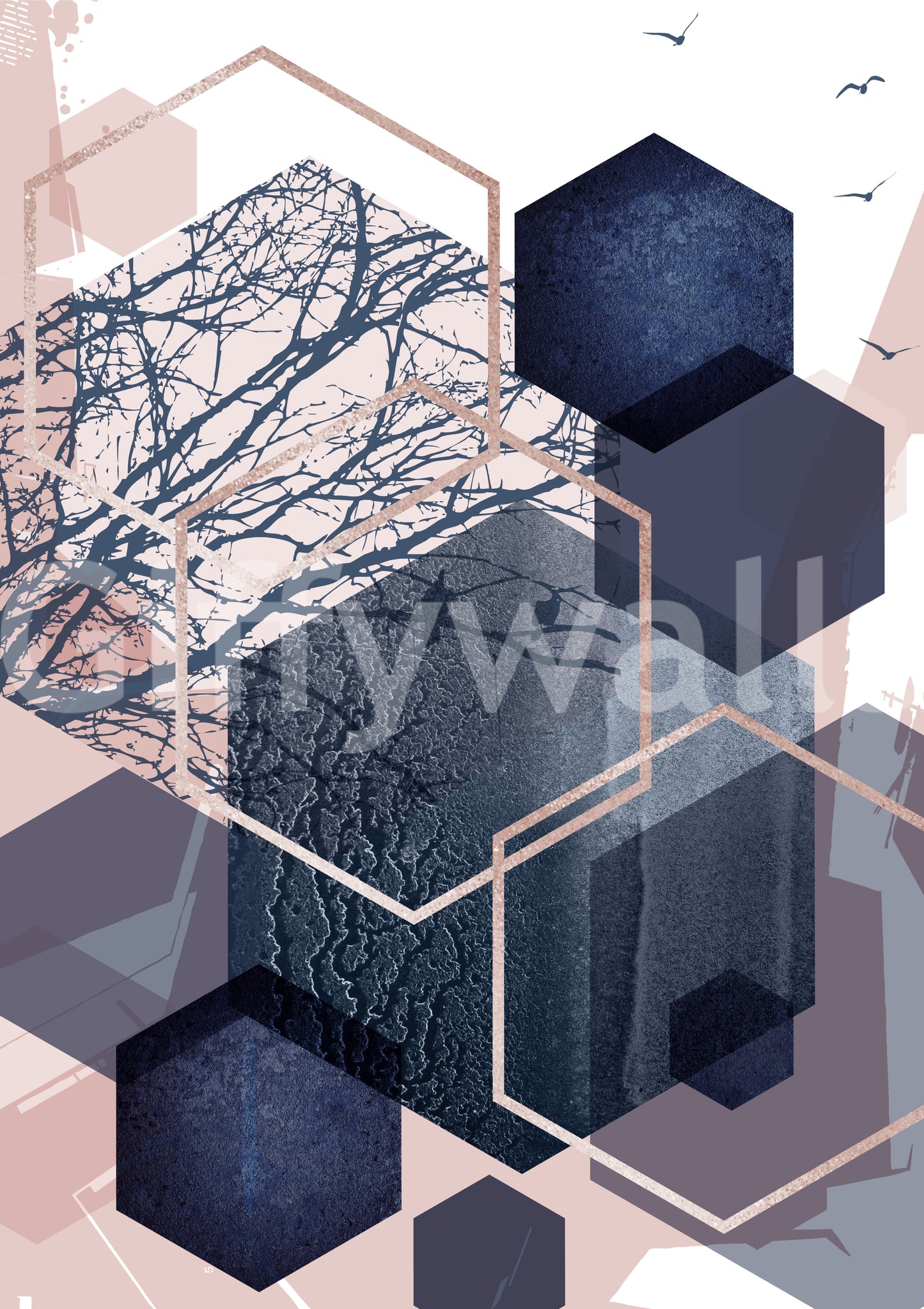 Geometric wall mural showing hexagonal patterns and forest depth., GD10273
