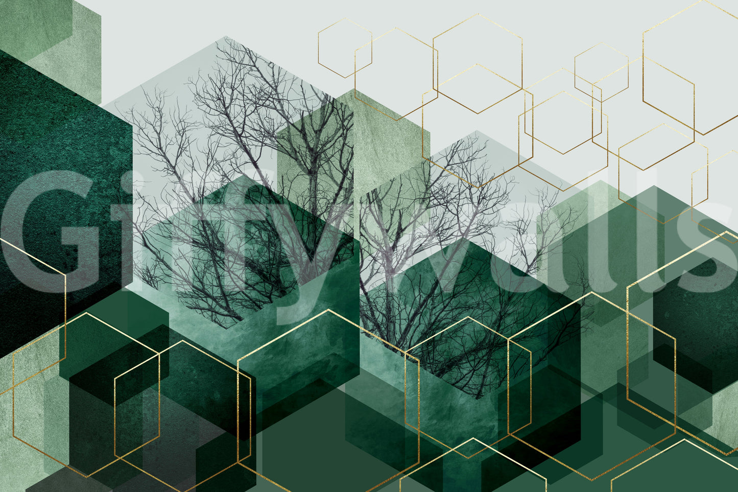 Abstract wall mural featuring green cubes and thin golden hexagon frames., GD10283