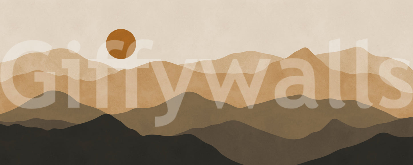 Earthy mountain sunset wall mural with layered tan, umber, and black ranges., GD10293