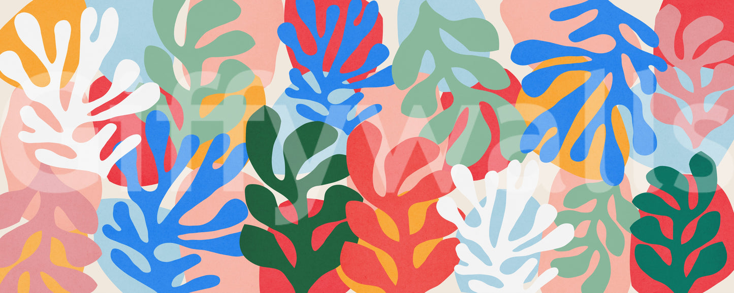 Red blue and green coral shapes on a neutral backdrop abstract art wall mural, GD10312