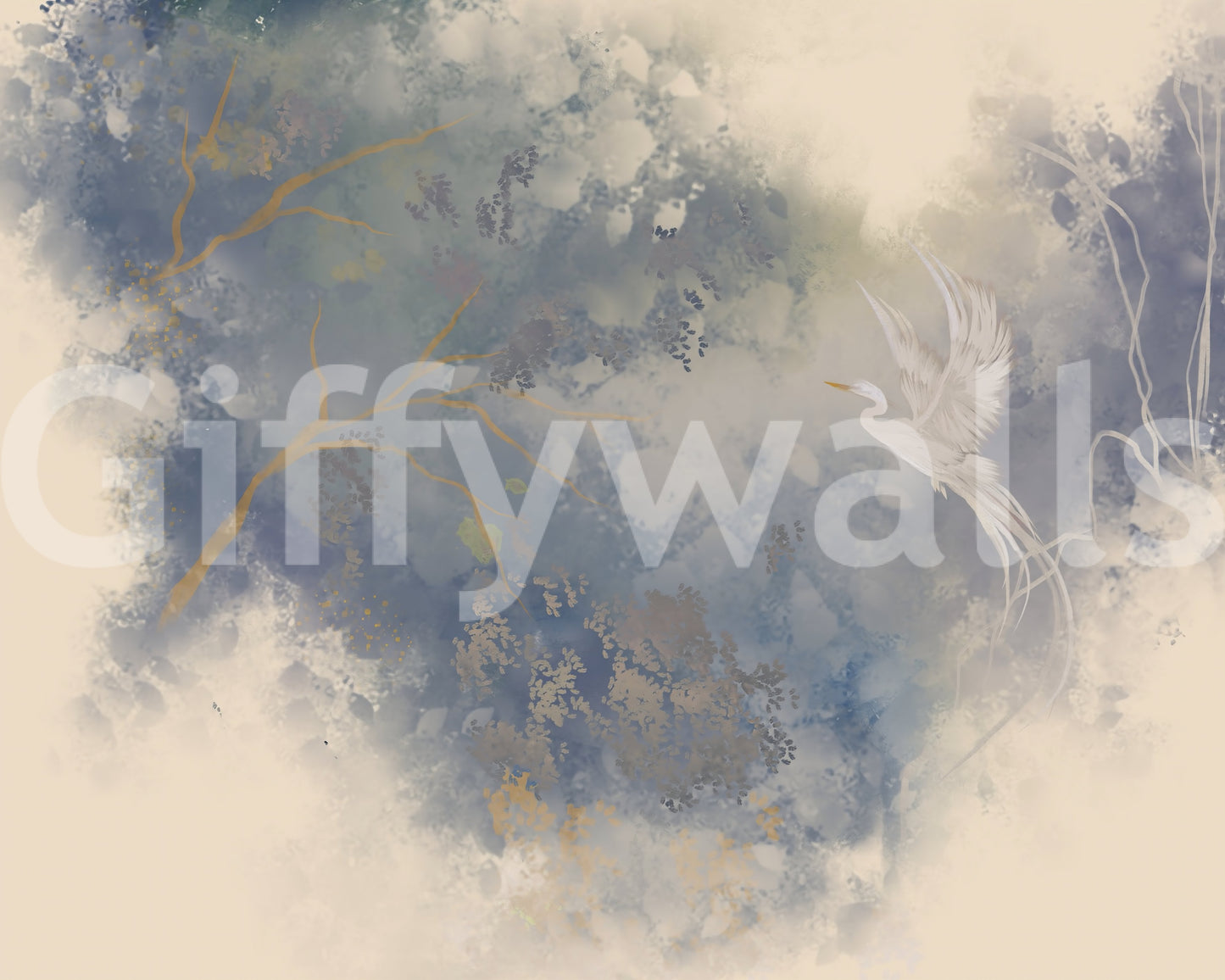 Flying Bird Ethereal Pastel Garden wall mural swatch showing cream, dusty blue, gold and grey tones., GD10322