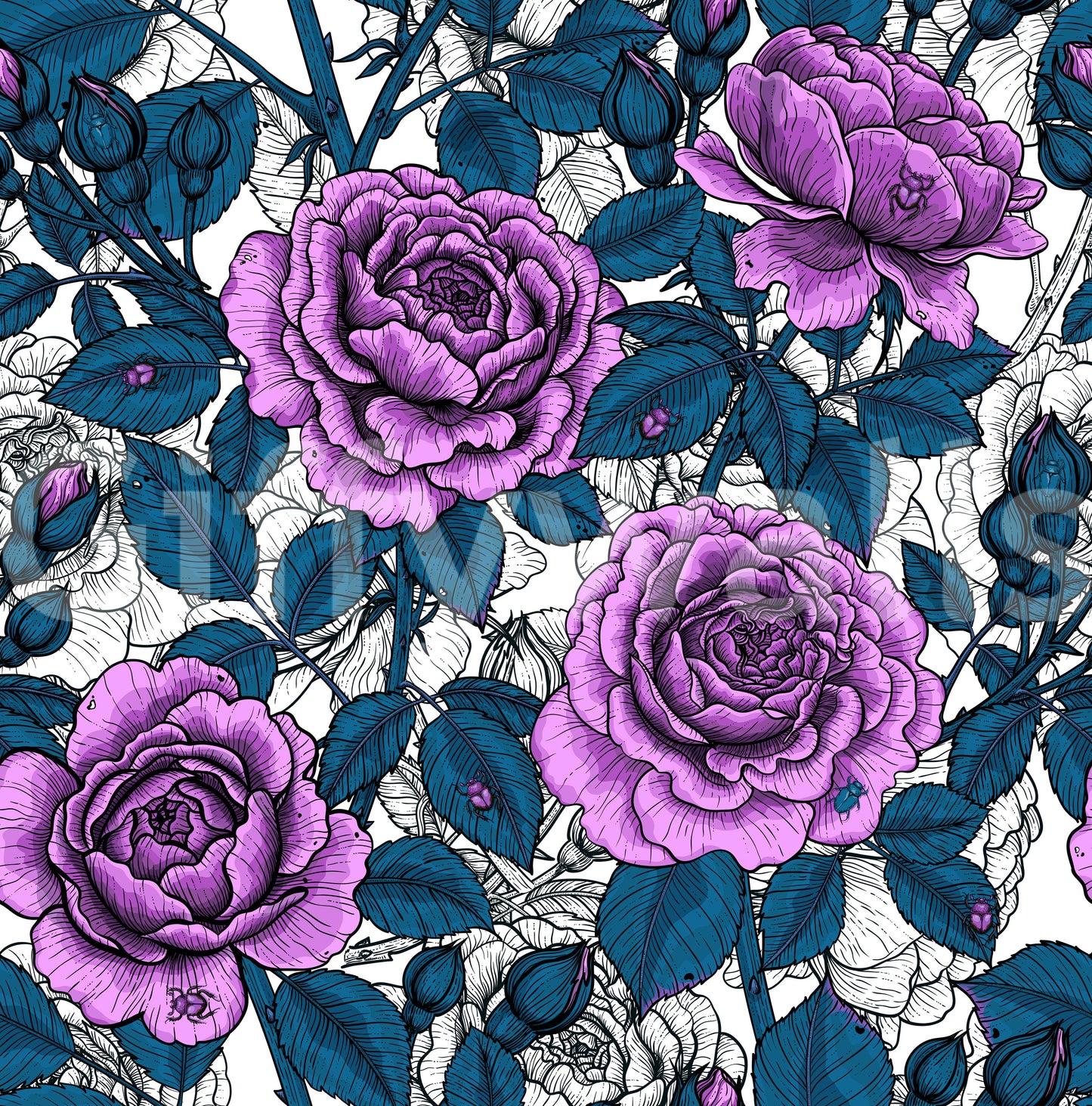 Garden Wallpaper with Illustrated purple roses and deep teal foliage repeat pattern., GD10397