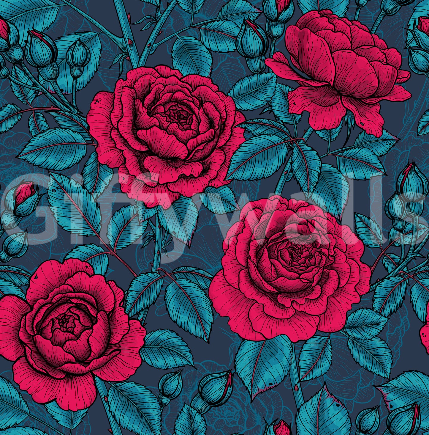Nocturnal rose garden wallpaper with crimson blooms and teal leaves on navy., GD10399