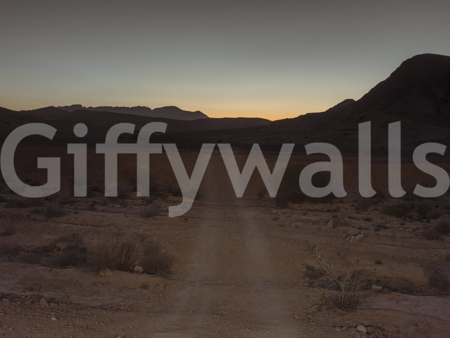 Desert Dawn Path wall mural with dirt trail leading to mountain silhouettes., GD10425