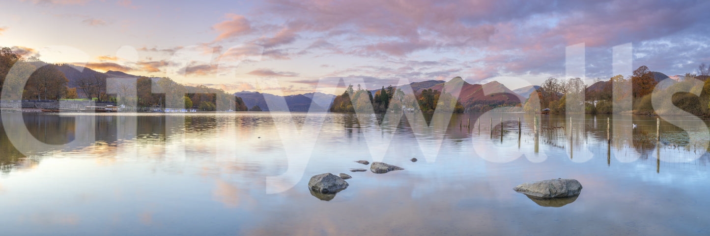 Autumn Lakeside Glow wall mural in Soft blue and orange colour palette., GD10433