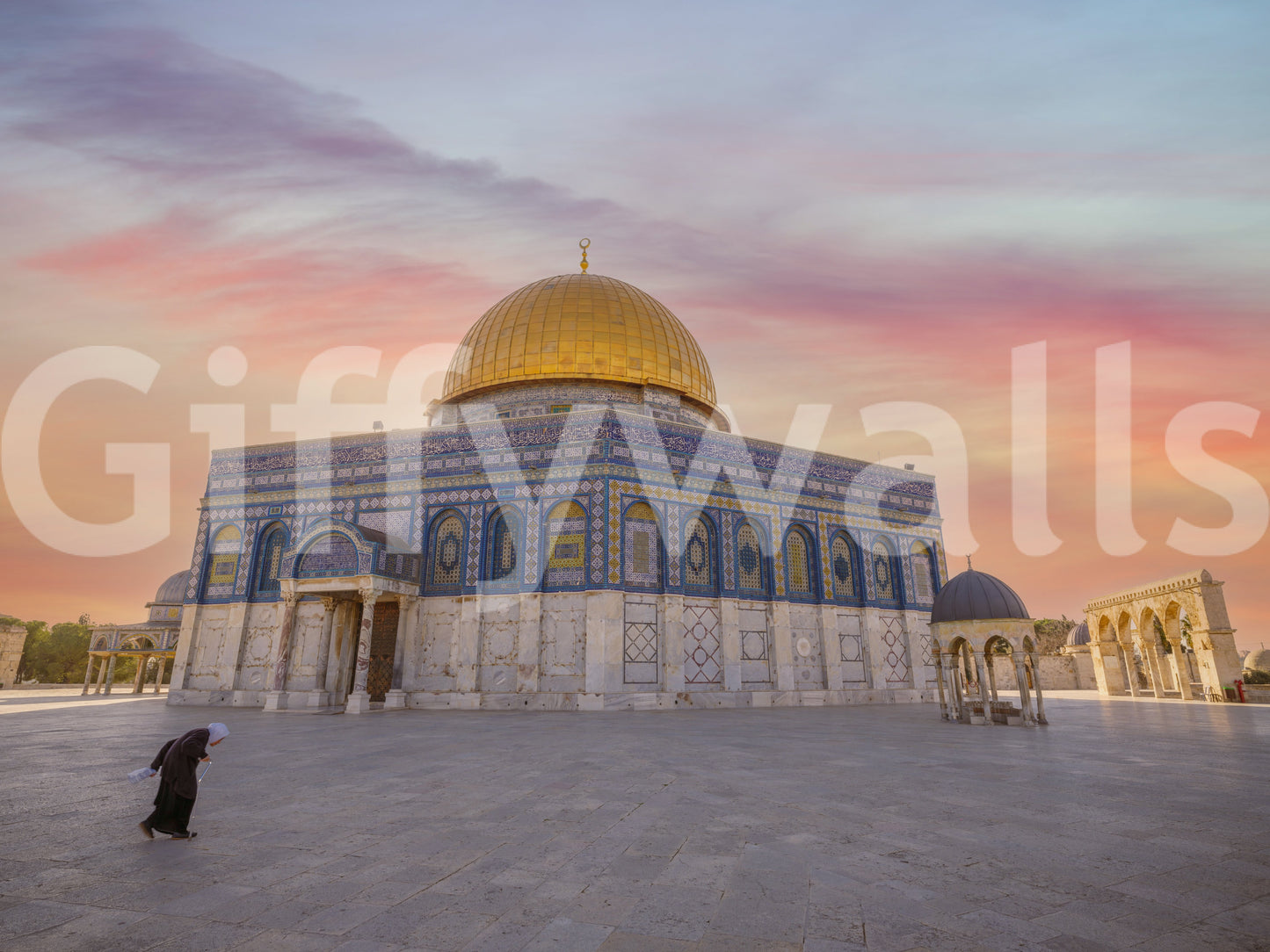 Golden dome and turquoise tile wall mural with warm sunset toned background., GD10439